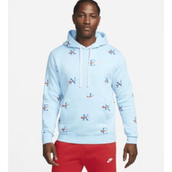 Nike Mens Blue Pullover Hoodie With Multicolor Logos Size S Cotton Blend Drawstr - Picture 6 of 6